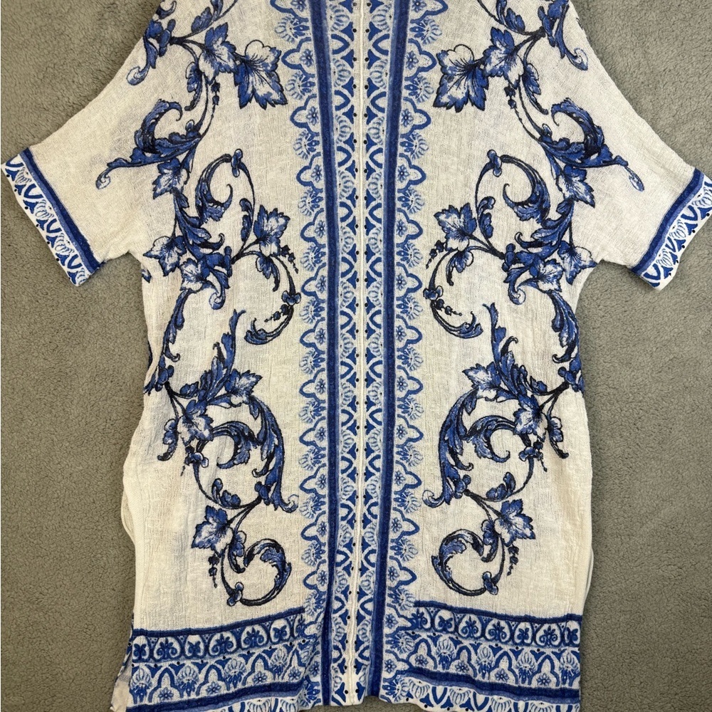 Chicos bohemian open front cardigan/ cover up blue and white size M preowned - Picture 6 of 7